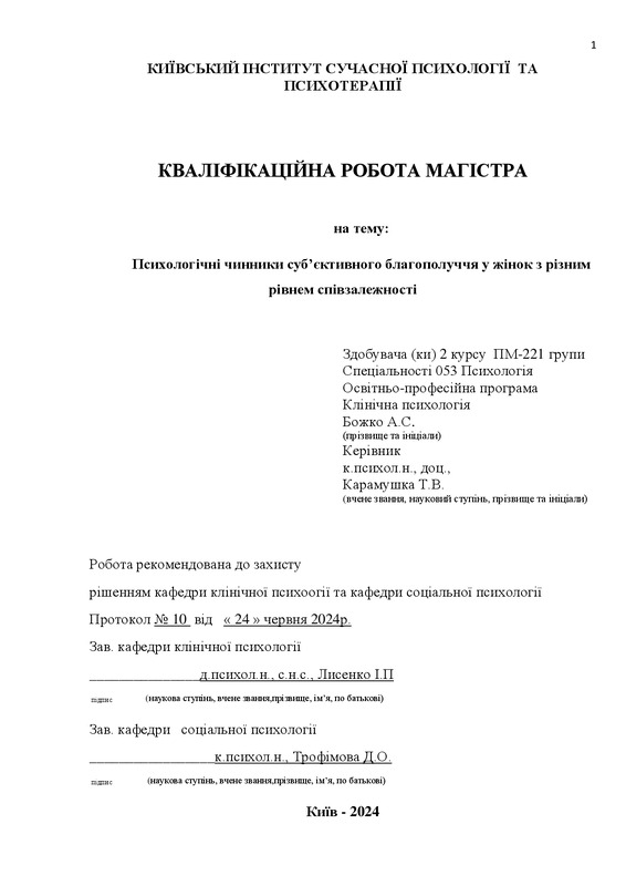 Психологічні чинники суб’єктивного благополуччя у жінок з різним рівнем співзалежності