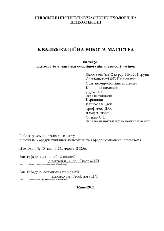 Психологічні чинники емоційної співзалежності у жінок