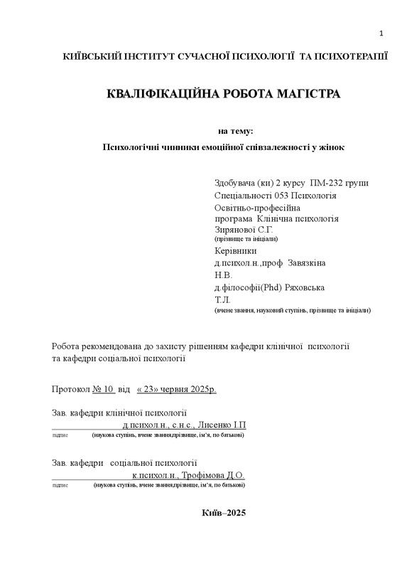 Психологічні чинники емоційної співзалежності у жінок