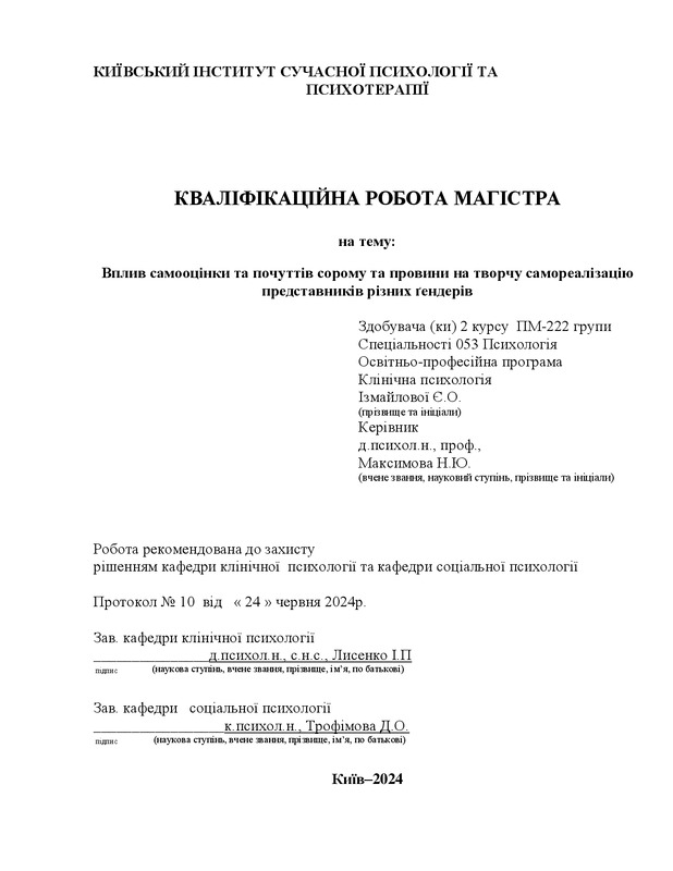 Вплив самооцінки та почуттів сорому та провини на творчу самореалізацію представників різних ґендерів